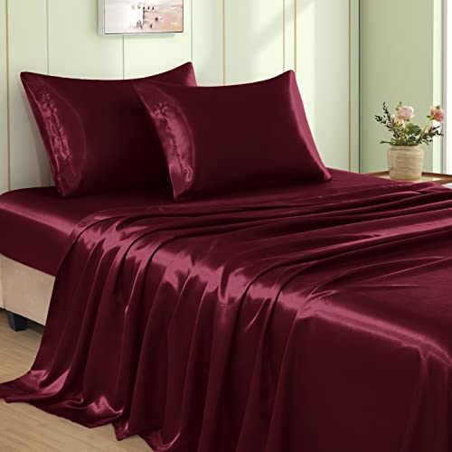 VACVELT 4pcs Burgundy Satin Sheets King Set, 15-Inch Deep Pocket - Silky Smooth Texture, Protects Skin And Hair, Wrinkle And Fade Resistant, Breathable Year Round, Machine Washable