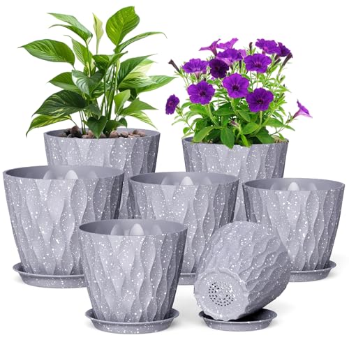 Meowell 7/6.5/6/5.5/5/4.5/4 inch Plant Pots for Indoor Outdoor Plants, 7 Pack Thick Flower Pots with Drainage Holes and Saucers, Modern Wave Texture Plastic Planters Nursery Pots, Speckled Grey