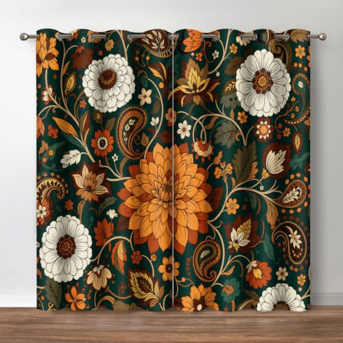 Jekeno Boho Floral Blackout Curtains Mid Century Morden Abstract Bohemian Flowers Print Drapes Decor Home Apartment Bedroom Living Room Darkening Grommet Window Treatments 2 Panels Set,42x54 Inch