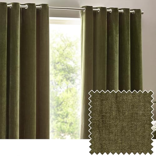 Yard furn Heavy Chenille Blackout Eyelet Curtain Pair – Lined Light Blocking Soft Velvet Curtains (Olive - Width 168 x Drop 229cm)