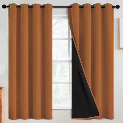 SimpleHome Orange 100% Blackout Curtains Room Darkening Living Room 63 Inch - Curtains for Bedroom,Thermal Insulated Grommet Window Drapes,Curtains for Living Room with Black Back,52 x 63 Inch,2 Panels