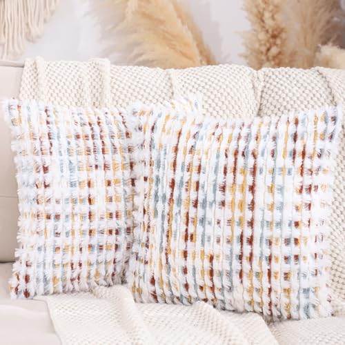 LUOYEHK Boho Throw Pillow Covers 16x16 Inch Set of 2 Chenille Tufted Pillowcase Farmhouse Neutral Cushion Covers for Couch Sofa Bed Living Room, Orange White