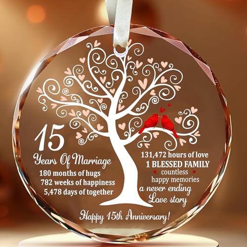 Bozspacer 15th Wedding Anniversary Ornament for Parents Couple Wife Husband - Crystal Anniversary Wedding Gift Ideas - Christmas Glass Ornament for 15 Years Marriage