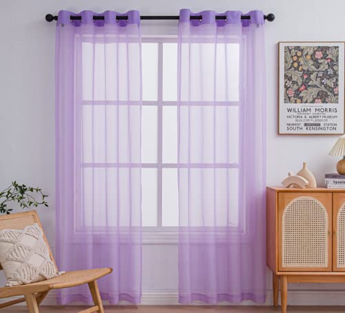 PI Sheer Curtains Panels Ring Top Airy Voile Window Draperies for Dining Room 2 Panels (W52 X L84, Violet Purple)