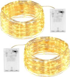 SHATCHI 2 Pack of 100 LED/10m Fairy String Lights Silver Wire Battery Operated Warm White LEDs Twinkle Waterproof Lights for Bedroom, Christmas, Party, Wedding Outdoor Indoor Decoration