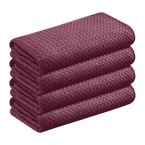 Softopia Cotton Burgundy Kitchen Towels ??? Waffle Weave, 100% Cotton, Soft & Absorbent, Fast Dry, Durable, 16x26 Inches, Perfect for Dish Drying, Bar, Cleaning, Hand Wipe and Everyday Use, Set of 4