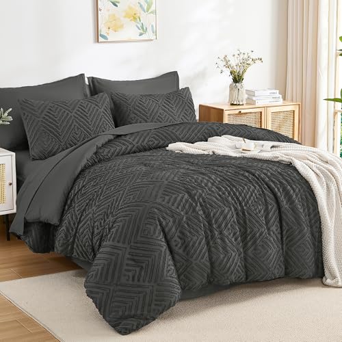Andency Oversized King Comforter 120x98, Dark Grey - 7 Pieces, Bed in a Bag, Extra Large King, Soft Lightweight Fluffy Polyester, Elegant Boho Tufted Reversible Bedding Set