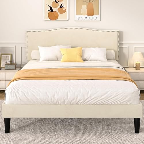 VECELO Double Bed Frame, Upholstered Platform with Adjustable Headboard, Mattress Foundation, Sturdy Wooden Slat Support, No Box Spring Needed, Non-Slip and Noise-Free, Easy Assembly, Beige