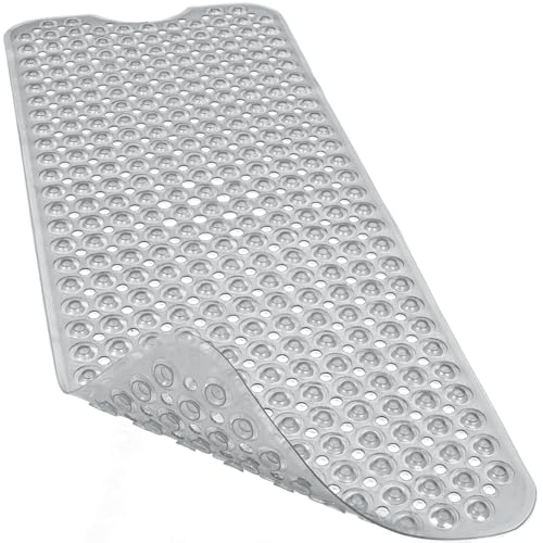 "Linoows 40"" x 16"" Extra Large Bath Shower Mats Non Slip Soft with Suction Cups and Drain Holes for Bathroom Floor and Keep Tubs Clean Machine Washable Transparent"