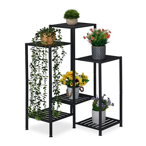 Relaxdays Plant Stand, 6 Tiers, Metal, Shelves for Flower Pots & Herbs, Houseplant Rack, HWD: 81 x 55 x 55 cm, Black