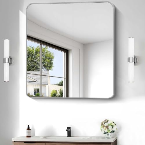 CIVENO 30x36 Inch Silver Bathroom Mirror, Metal Framed Silver Rectangle Mirrors, Rounded Rectangular Vanity Mirror, Wall Mounted Mirrors for Living Room Bedroom Entryway Hangs Horizontal or Vertical