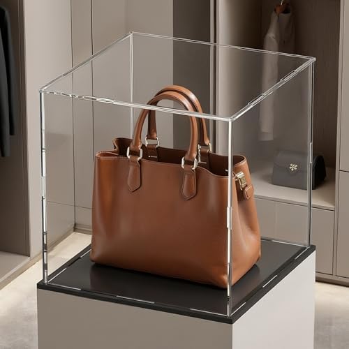 HEMYLU Acrylic Box with Matt Black Base, Simple Self-Assembly Clear Acrylic Display Case, 13x13x13 inch Showcase with Lid for Collections, Figures and Dolls