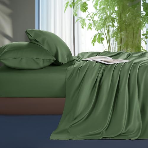 Shilucheng Tencel Sheets 4 Piece, 100% Eucalyptus Lyocell Sheets Set, Cooler Than Cotton and Linen, Summer Cooling Breathable Bed Sheets for Hot Sleepers, 16 Inch Deep Pockets (Olive, King)
