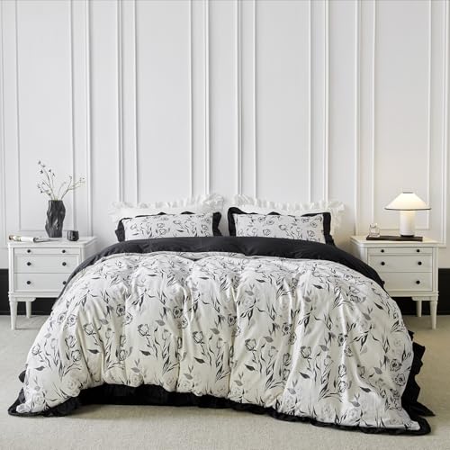 YuHeGuoJi Grey White Floral Duvet Cover Queen 100% Cotton 3 Pcs Set 1 Farmhouse Black Flower Duvet Cover with Zipper Ties 2 Pillow Shams Black White Ruffle Botanical Bedding Set Soft