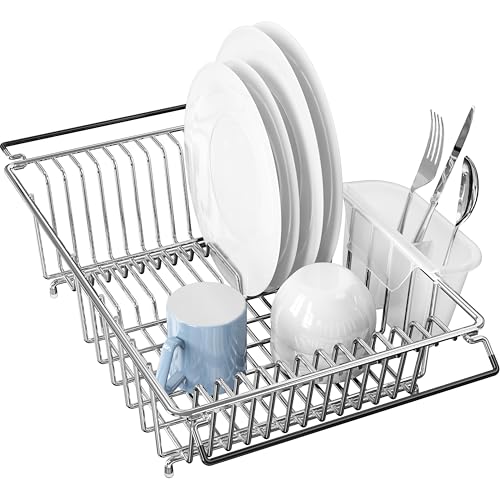 Simple Houseware Large Over Sink Counter Top Dish Drainer Drying Rack with Drying Mat and Utensil Holder, Chrome