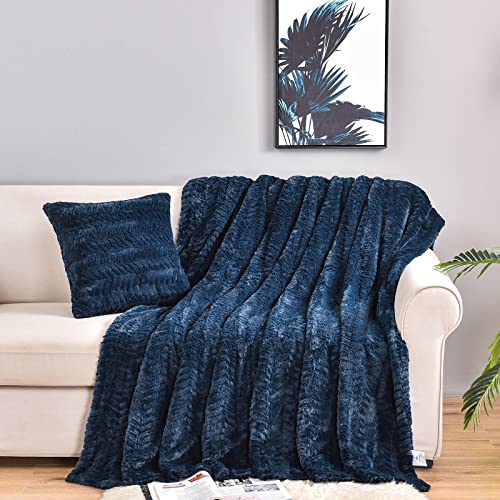 "YUSOKI Luxury Faux Fur Throw Blanket(Without Pillows) 2 Layers,3lb,All Ages,Home Decoration, (Navy Blue,50"" x 63"")"