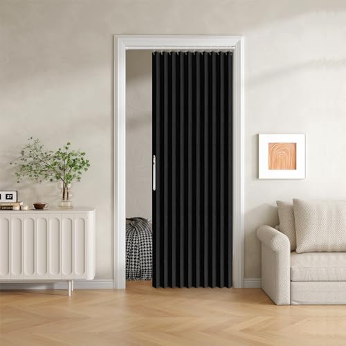 Jilron 100% Blackout Fabric Folding Curtain with Magnetic Closure - Accordion Style for Sliding Door, Closets, Wardrobe and Temporary Solutions (W42 x L78, Black, 1 Panel)