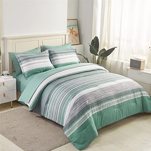 KAKIJUMN 7 Piece Bed in a Bag Stripe Comforter Set Queen Size, White Grey Sage Green Patchwork Striped Comforter and Sheet Set, All Season Soft Microfiber Complete Bedding Sets(Green,Queen)