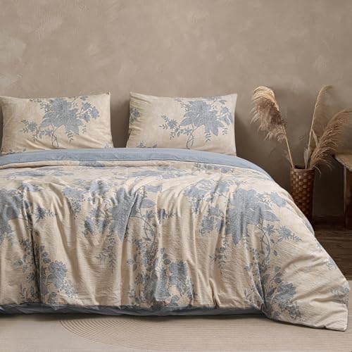 Colourful Snail Vintage Reversible Floral Duvet Cover Set, 100% Washed Microfiber Linen-Feel Bedding Set, Elegant Printed Botanical Pattern, Soft, Durable, Comfortable, Pastel Blue & Beige, Queen/Full