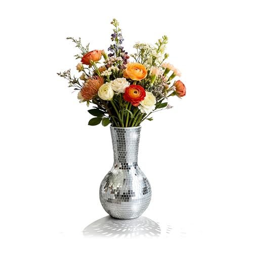 Relaxdays Disco Vase, mirrored mosaic round flower decor, 28x14x14 cm, silver