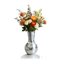 Relaxdays Disco Vase, mirrored mosaic round flower decor, 28x14x14 cm, silver
