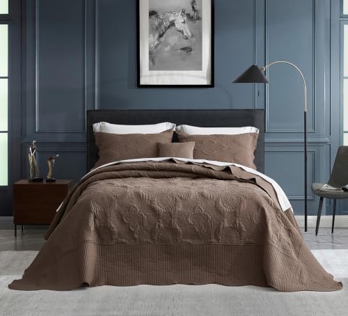 HZ & HY Oversized King Bedspread, Stitched Damask, Mocha - Generous Coverage, 5-Piece Quilt Set, Lightweight Reversible Coverlet, Scalloped Edge, King/Cal King