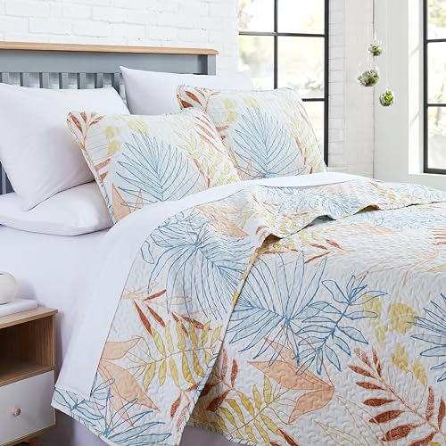 Southshore Fine Living, Inc. Tropic Leaf Collection, Oversized Quilts For King Bed, Lightweight Coverlet, All Season Quilt Set and 2 Quilted Pillow Shams, Boho Bedspread, California/King Quilts, Cream