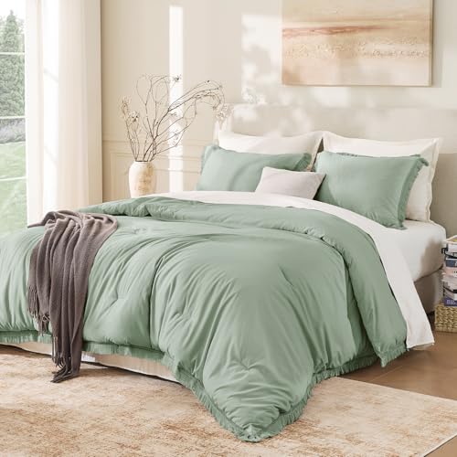 Andency Comforter Twin Sage Green, 3 Pieces Boho Winter Bedding - Lightweight Comforter Sets, All Season Tassel Bed Set (1 Comforter 66x90 & 1 Pillowcase)