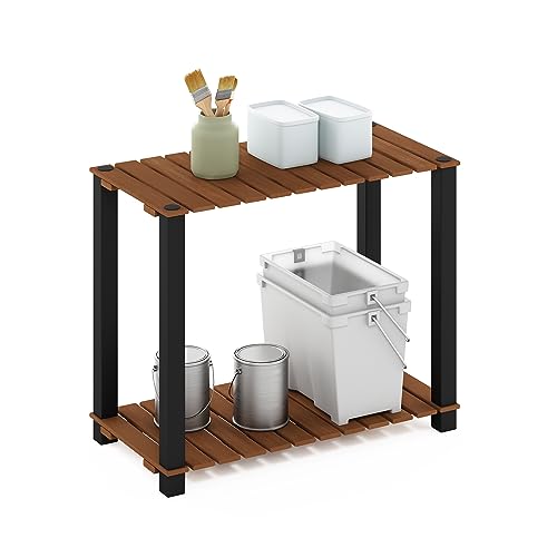 Furinno TURN-N-TUBE Plant Stand Indoor Outdoor, 2-Tier Large Rectangle Plant Shelf, Side Table with Square Poles, for Patio, Garden, Living Room, Balcony, Natural