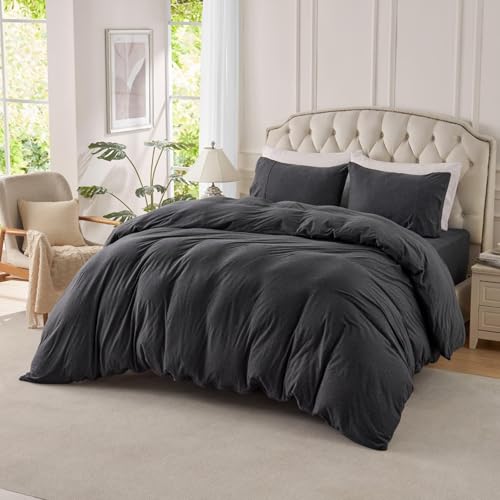 PURE ERA Jersey Knit Duvet Cover Set 100% T-Shirt Cotton Super Soft Comfy 3pc Bedding Set with Zipper Closure (Heather Charcoal Grey, Oversized Queen)