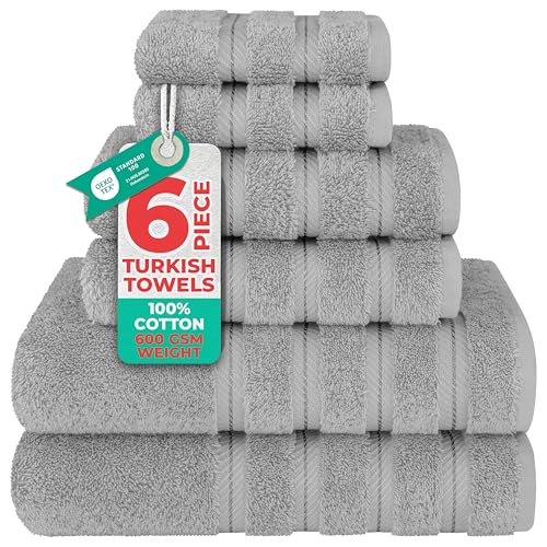 American Soft Linen Luxury 6 Piece Towel Set, 2 Bath Towels 2 Hand Towels 2 Washcloths, 100% Turkish Cotton Towels for Bathroom, Light Grey Towel Sets