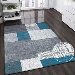 VIMODA designer modern living room rug in turquoise, grey and white with tile look, short pile, dimensions: 120 x 170 cm