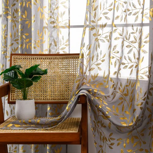 "WLRAPSKY Sheer Curtains 84 Inches Long 2 Panels Set, Luxury Gold Foil Printed Metallic Bronzing Vine Leaves, Privacy Window Treatment Decor Drape Pair for Bedroom Dining Room, 52"" W x 84"" L, Grey"
