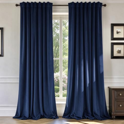 Benedeco Navy Velvet Curtains for Bedroom Window, Super Soft Luxury Drapes, Room Darkening Thermal Insulated Rod Pocket Curtain for Living Room, W52 by L96 inches, 2 Panels