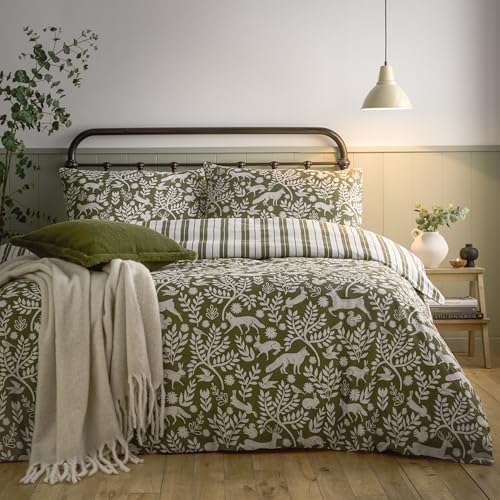 furn. Skandi Woodland Duvet Cover Set – Reversible Striped Scandinavian Forest Animals Brushed Cotton Bedding (Thyme Green - Double)