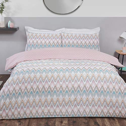 Sleepdown Zig Zag Retro Geometric Pink Teal Reversible Soft Easy Care Duvet Cover Quilt Bedding Set with Pillowcases - Double (200cm x 200cm), 5056242780342