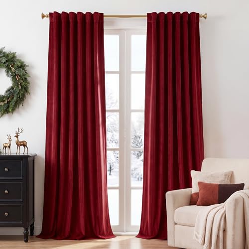 StangH Red Velvet Curtains for Living Room, 2 Panels, 52 x 144 Inches Long, Christmas Style Decor Back Tab Thermal Insulated Privacy Protect Drapes for Bedroom Home Theater, Room Darkening