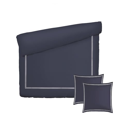 Pure Cotton 3-Piece Double Bedding Set - Duvet Cover 200 x 220 cm and 2 Pillowcases 80 x 80 cm - 100% Cotton Satin, 80 Thread Count - Oeko-TEX Certified - Calanques - White and Dark Blue