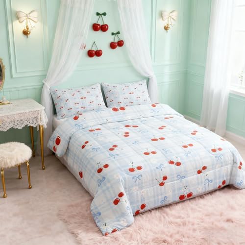 Blue Bowknot Comforter Set Twin Size,Daisy Flowers Cherry Fruit Princess Bedding Set,Girls Women Room Decor,Geometric Grid Plaid Patchwork Down Comforter,Cute Romantic Duvet Insert,1 Pillowcase