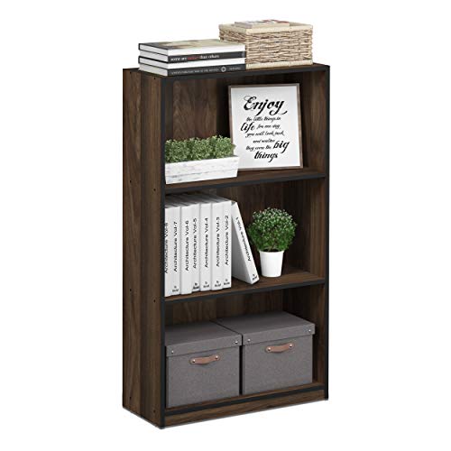 Furinno BASIC Book Shelf, 3-Tier Modern Bookshelf, Bookcase with Open Shelves, 9.3 x 21.8 x 39.5, for Living Room, Bedroom, Home Office, Columbia Walnut/Black