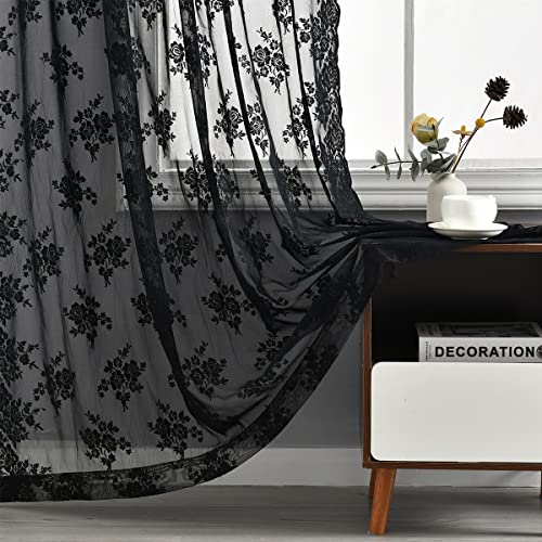 Kotile Lace Curtains 84 Inches Long - Vintage Floral Sheer Panels, Gothic Style for Living Room, Rod Pocket Window Curtain Panels, 52 x 84 Inch, Black