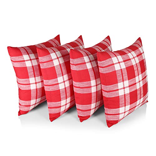 Penguin Home 100% Cotton Decorative Double Sided Square Cushion Covers with Invisible Zipper 45cm x 45cm x 18” (Set of 4, Red/White Check), 45 X45 X1 cm