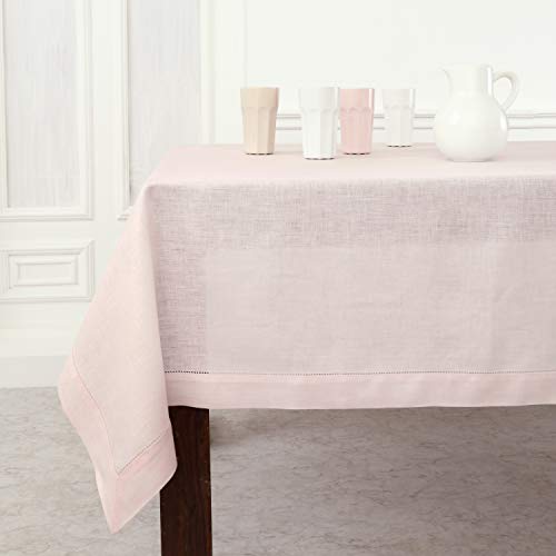 Solino Home 100% Pure Linen Tablecloth Pink, Classic Hemstitch 60 x 108 in - Classic Hemstitch Table Cloth For Halloween Dining, Home Decor, Indoor & Outdoor Use, Parties, Gifting, Machine Washable