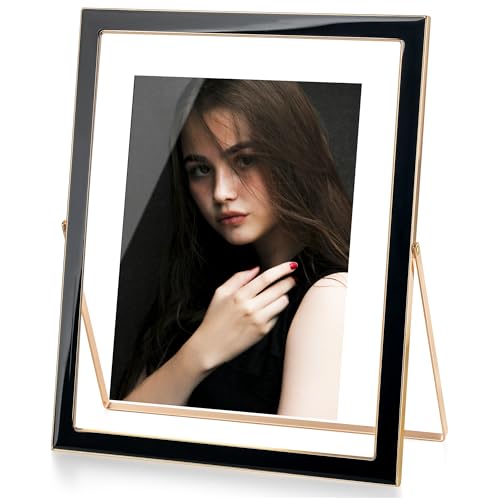 Axeman 8x10 Gold Floating Frame Black Enamel Picture Frame with Metal Edge for 6x8, 5x7 up to 8x10 Photo Double Glass Floating Picture Frame for Desk Tabletop Shelf Vertical Display