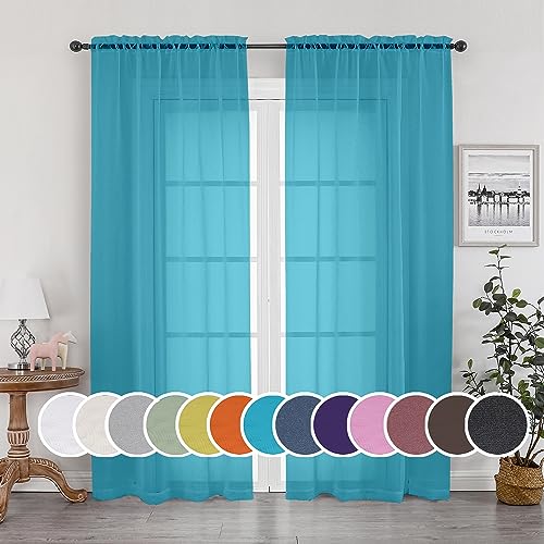 "OWENIE Sheer Curtain 90 Inches Long 2 Panels Set for Living Room Bedroom, Light Filtering Rod Pocket Clear Sheer Curtain 2Pcs, Each 42"" W x 90"" L, Marine"