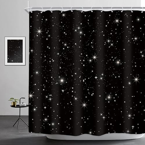 Riyidecor Night Sky Shower Curtain 72Wx72H Inch Starry Black and White Star Nebula Cosmic Fantasy Galaxy Universe Outer Space Beautiful Planet Bathroom Decor Fabric Polyester Waterproof 12 Pack Hooks
