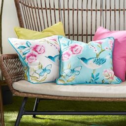 Dreams & Drapes - Garden Flower, Butterfly & Bird Outdoor Cushion (43 x 43cm) - 100% Cotton - Filling Included - Reversible Design (2 Colours) - UV Resistant - Cover Included/Cushion Insert