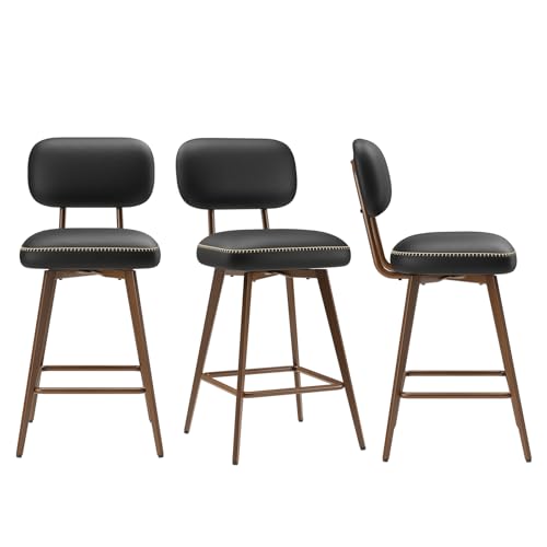 COLAMY Breakfast Bar Stools Set of 3, Modern Swivel Kitchen Stool, Adjustable Upholstered Barstools Counter Height with Square Open Back for Bar Kitchen Island, Dining Room, Black