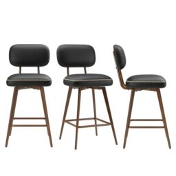 COLAMY Breakfast Bar Stools Set of 3, Modern Swivel Kitchen Stool, Adjustable Upholstered Barstools Counter Height with Square Open Back for Bar Kitchen Island, Dining Room, Black