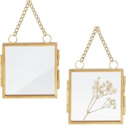 OLYCRAFT 2pcs Mini Hanging Glass Frame Wall Hanging Photo Frames 2.7 Inch Double Glass Picture Frame with Chain Folding Frame DIY Vintage Artwork Display Frames for Pressed Flowers Pictures Home Wall